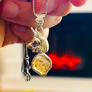 Genuine rough citrine and sterling silver 925 Unicorn Pendant